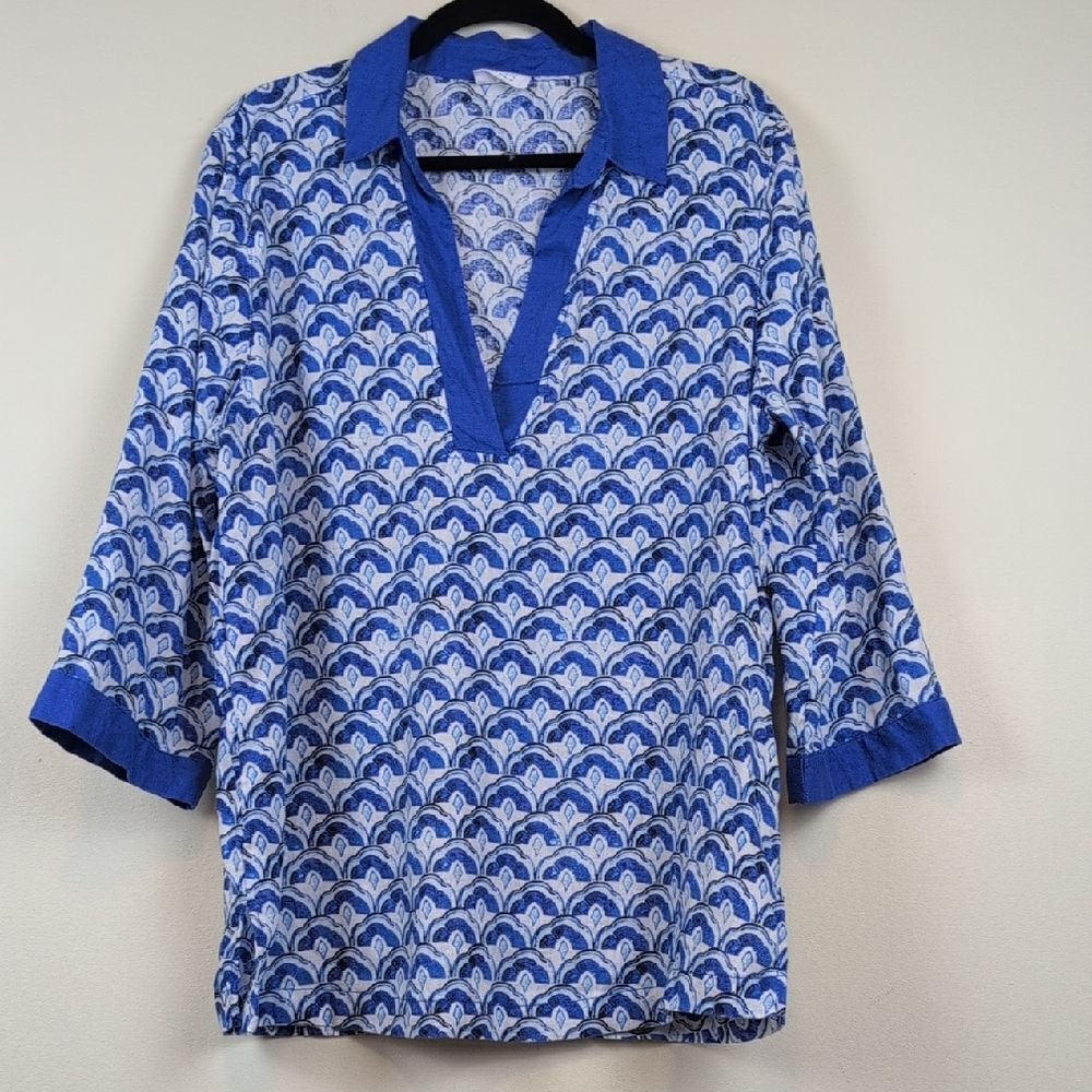 Sigrid Olsen Linen Popover 3/4 Length Sleeve Blouse Top Size XL Amalfi Blue
